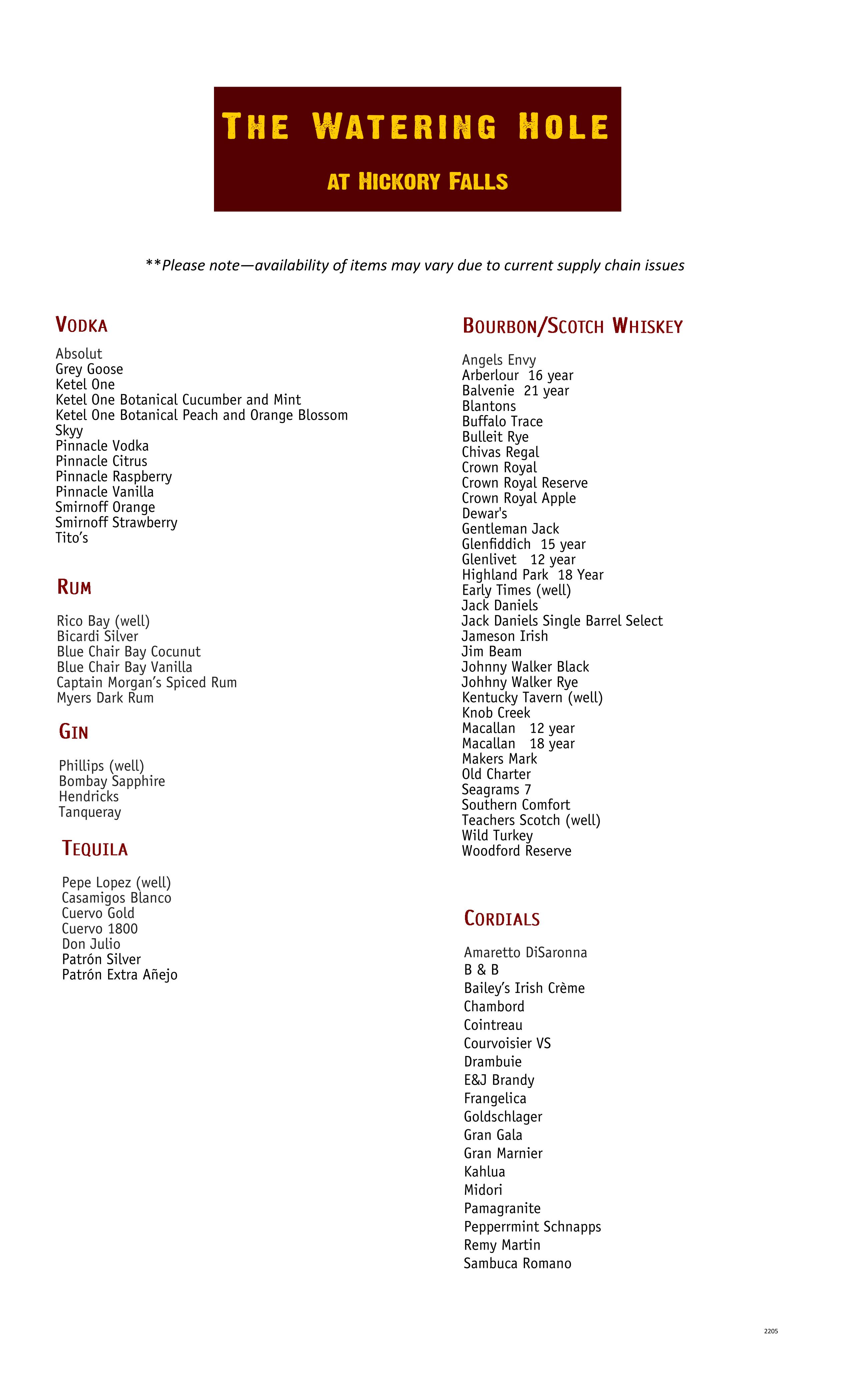 Hickory Falls WoodFired Grille & Bar Liquor List